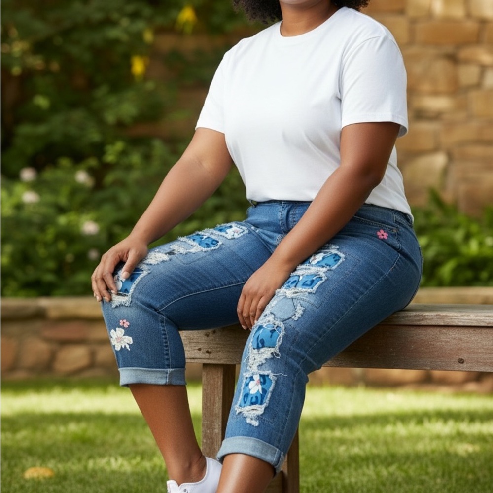 Blue Distressed Floral Patches Crop Size XL